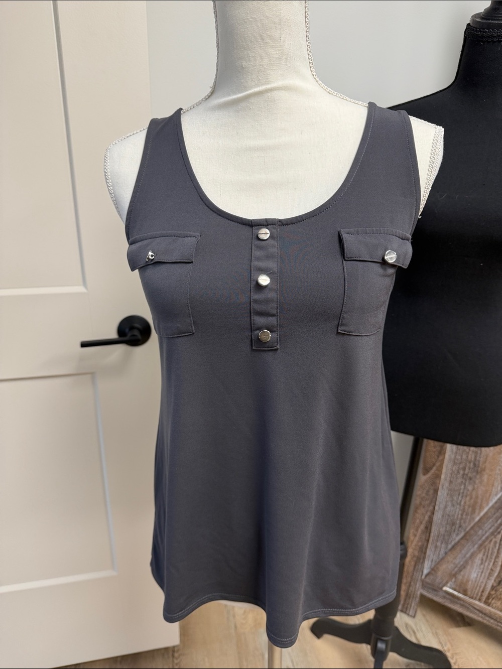 Zenana Outfitters Dark Charcoal Sleeveless Henley Tank with Button Placket